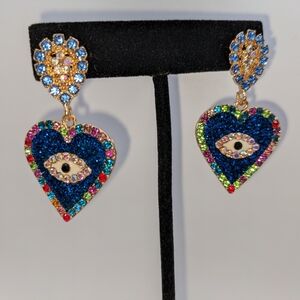 Blue Evil Eye Heart Earrings